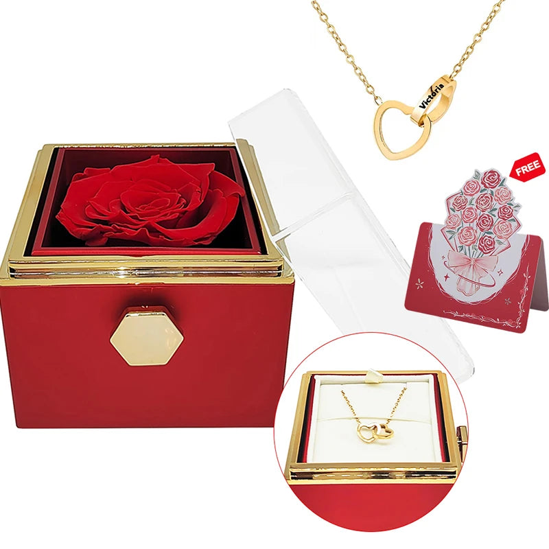 Rotating eternal rose engraved necklace valentines mother day gift box Engraved Interlocking Heart Necklace Eternal Rose Box
