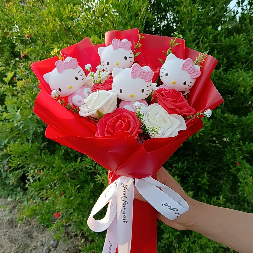 Hello Kitty Cartoon Plush Bouquet  Anime Rose Flowers Doll Home Wedding Decoration Christmas Valentine's Day Gift